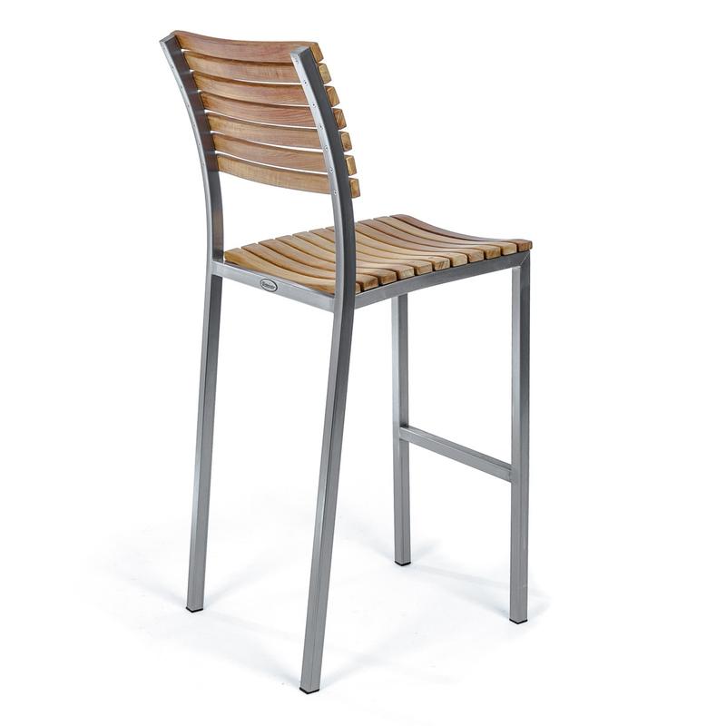 alt="70673 Vogue teak and stainless outdoor bar stool angled right side rear view on white background"