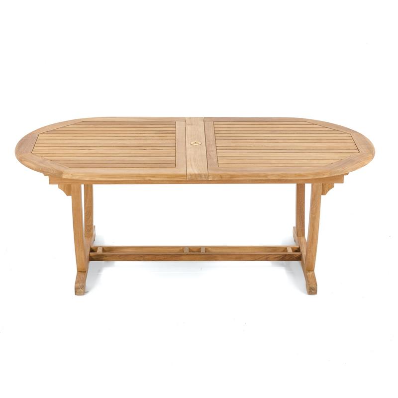 alt="15504 Montserrat Teak Table in closed position showing angled top side view on white background"