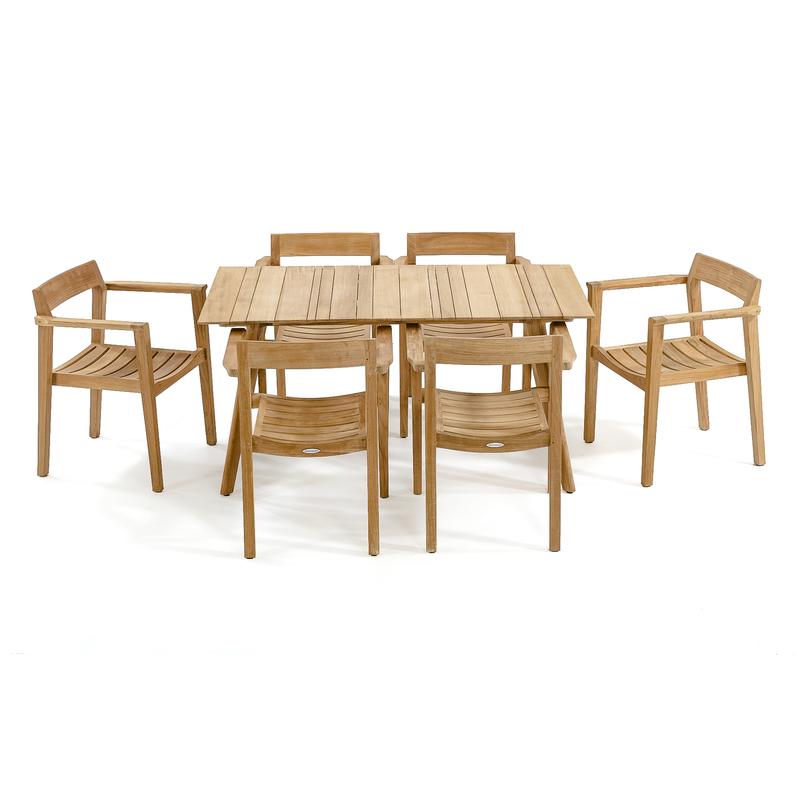 alt="70524 Surf Horizon teak 7 pc rectangular Dining Set of Surf Teak Rectangular Table and 6 Horizon Dining Chairs angled side view on white background"