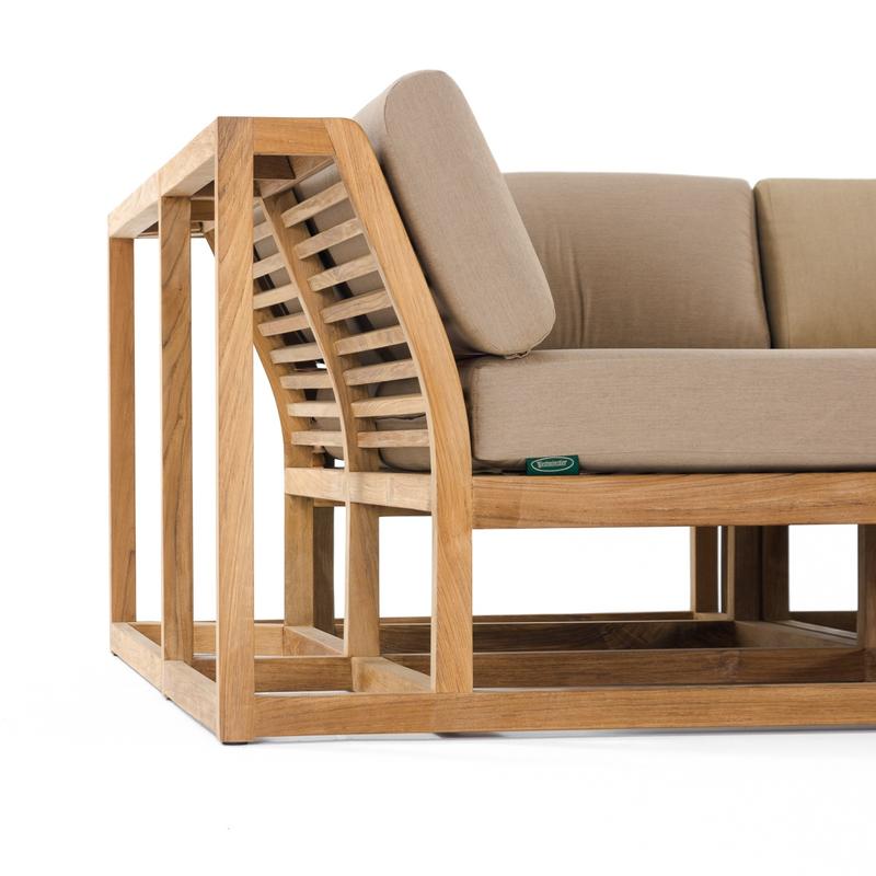 alt="13800 Maya Teak Right Side Sectional with cushions closeup side front view on white background"