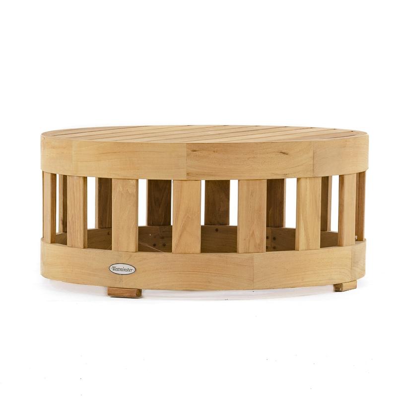 alt="18170 Kafelonia coffee table ottoman teak frame in side view shown as an coffee table on white background"