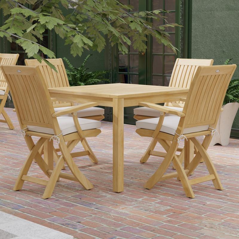 alt="Square Teak Dining Set with 4 Barbuda Folding Armchairs - Picture A"