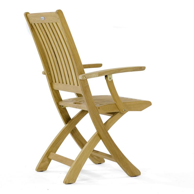 alt="70569 Barbuda teak folding dining armchair right side angled view of back on white background"