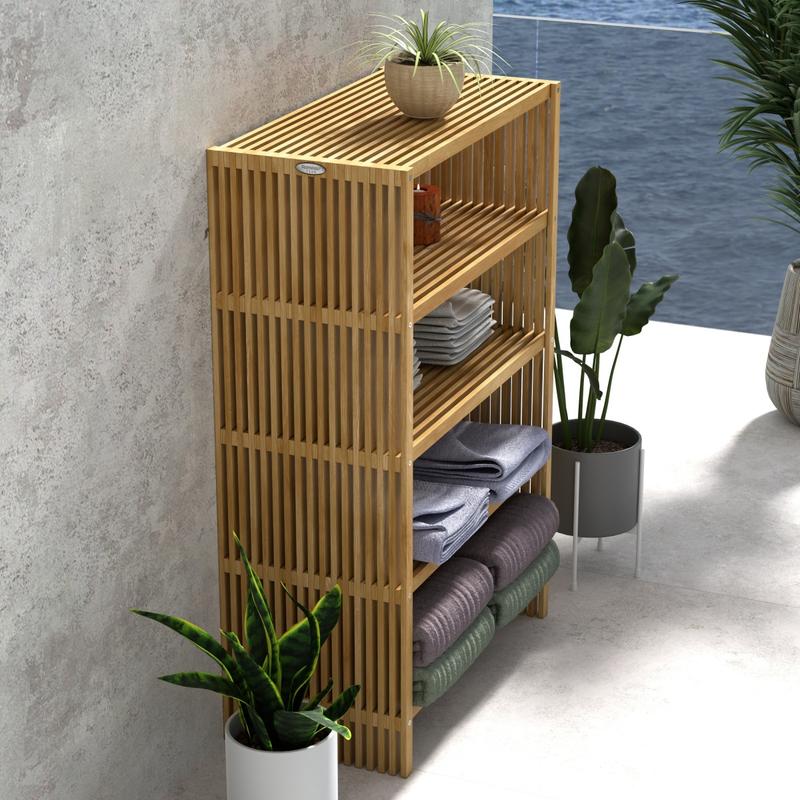 alt="18221 Teak 48 inch Storage Shelf in angled aerial side view next to potted plants against a wall with a potted plant on top of shelf and folded towels on the lower shelves with ocean in back"
