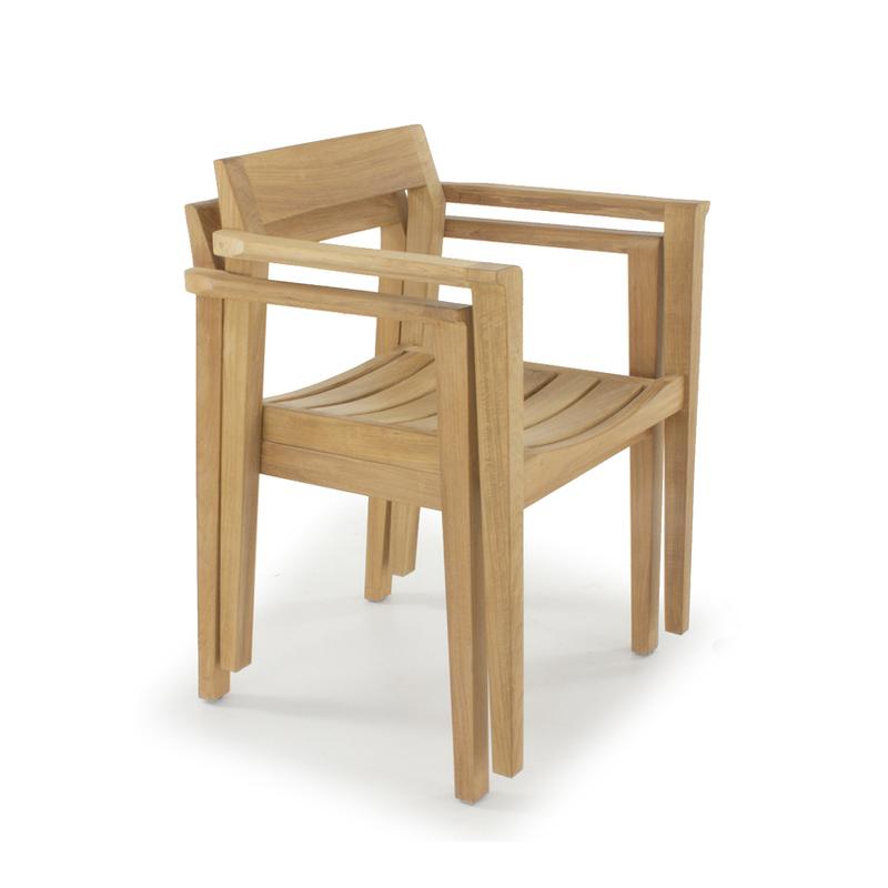 alt="12901 Horizon Teak Dining Armchair angled stacked 2 high on white background"