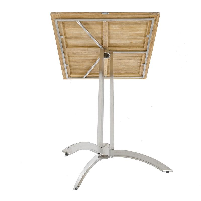 alt="70646 Vogue 30 inch square teak and stainless steel bar table angled showing underneath view of table and pedestal base on white background"