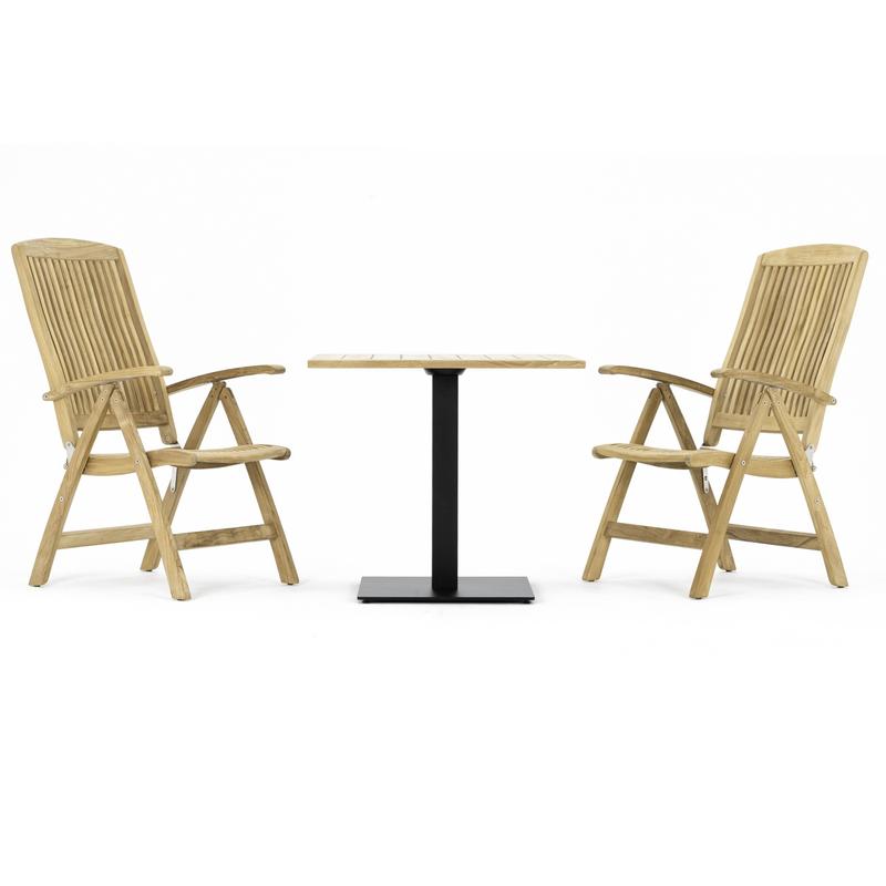 alt="70197 Reclining 3 pc Teak Bistro Set of Teak 32 inch Square Table and 2 Barbuda Reclining Chairs side view on white background"