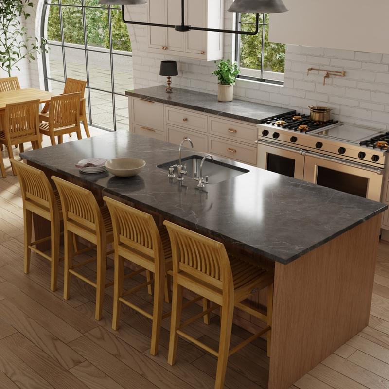 alt="70760 Laguna Teak Counter Stools Set of 4 on wood floor against a kitchen island with a stack of plates and kitchen sink in angled aerial view with stove in the background"