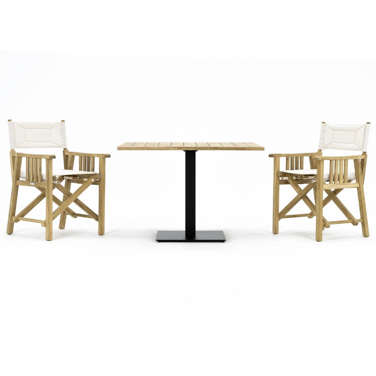 70199 Barbuda 3 pc Teak Bistro Director Set of Teak 42 inch Square Table and 2 Barbuda Director Chairs in white textilene side view on white background