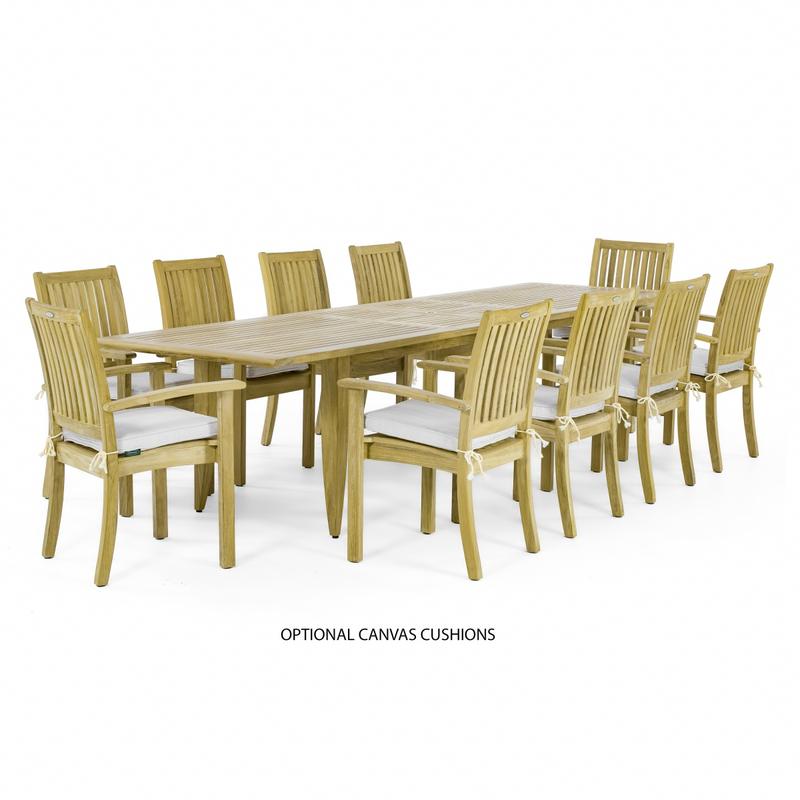 alt="70772 Laguna Sussex 11 piece Teak Dining Set of 10 Sussex stacking chairs with optional canvas cushions and Rectangular Teak Dining Table on white background"