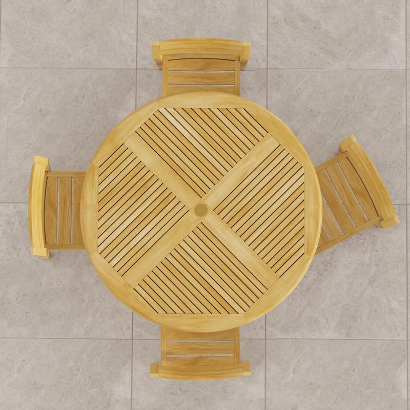 alt="70573 Grand Hyatt Horizon Dining Set of Grand Hyatt 48 inch Round Dining Table and 4 Teak Horizon Dining Side Chairs showing aerial view on patio"