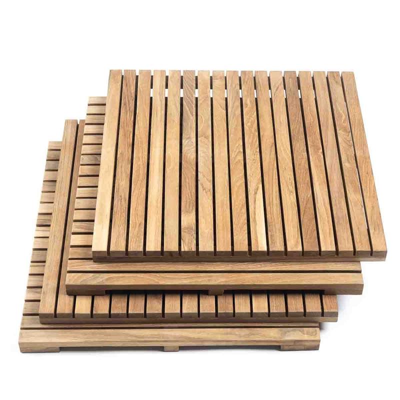 alt="18403 Callebotise Teak Floor Tile showing 4 tiles stacked on white background"