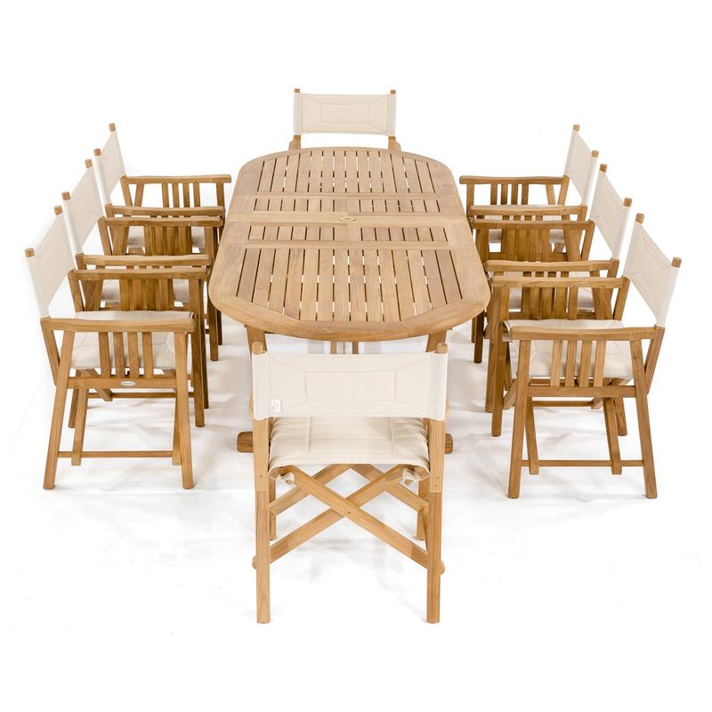 alt="70015 Montserrat Director 9 piece teak Dining Set end angled on white background"