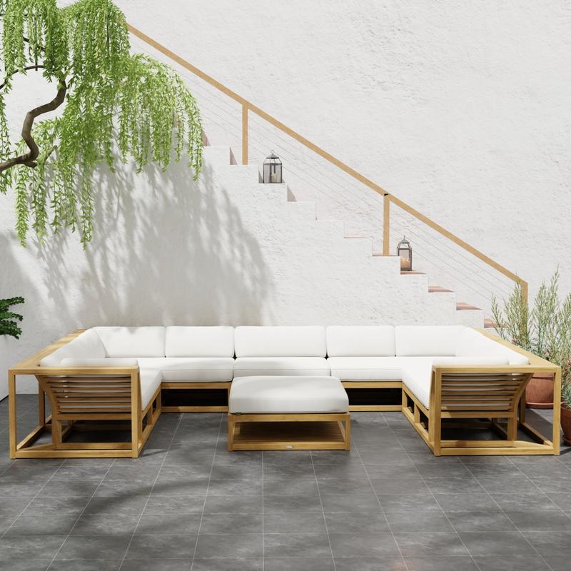 alt="70755 Maya 6pc Lounge Set with cushions in U shape in front view on patio with staircase of house in the  background"