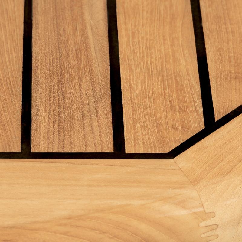 alt="70622 Vogue Teak and Stainless Steel 4 foot Round Dining Table showing closeup view of table top"