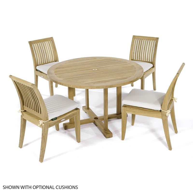 alt="70482 Laguna 4 foot round teak Dining Set of a 4 foot round teak dining table and 4 teak side chairs with optional seat cushions side view on white background"