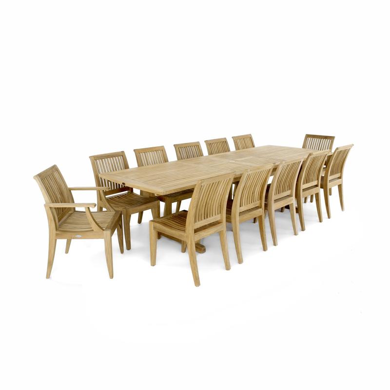 alt="70300 Grand Laguna 13 pc Teak Dining Set of 2 armchairs 10 side chairs and an extendable rectangular dining table angled on white background"