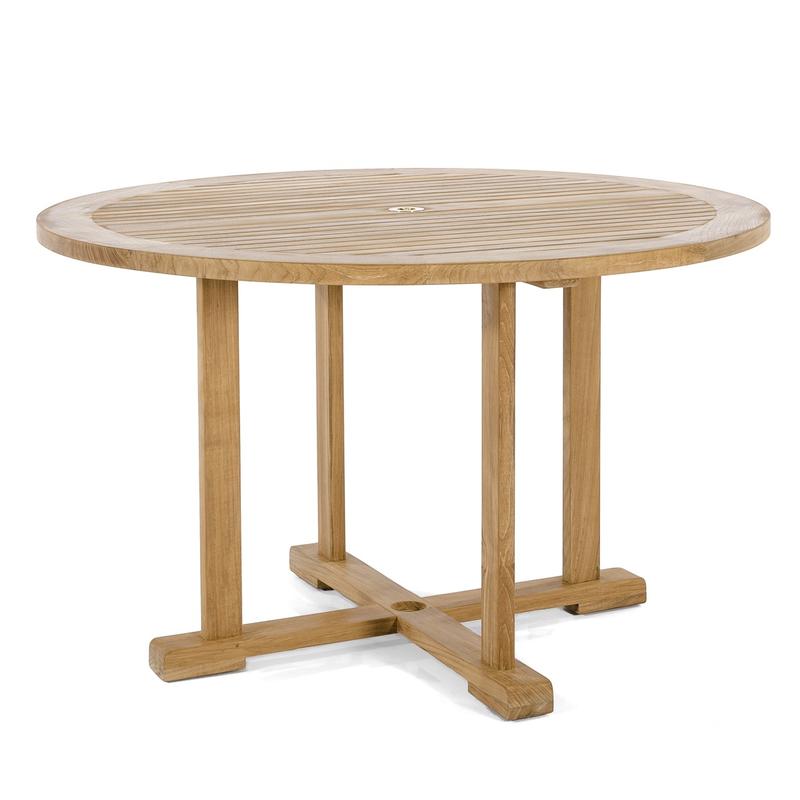 alt="70737 Sussex teak round 48 inch diameter dining table side view on white background"