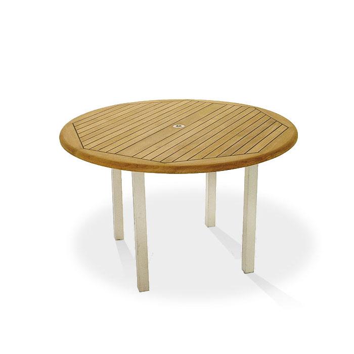 alt="25014 Vogue stainless steel and teak round 60 inch diameter dining table aerial view on white background"