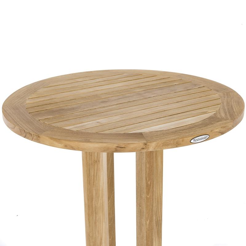 alt="70682 Vogue teak 30 inch diameter Round Bar Table closeup view of table top on white background"
