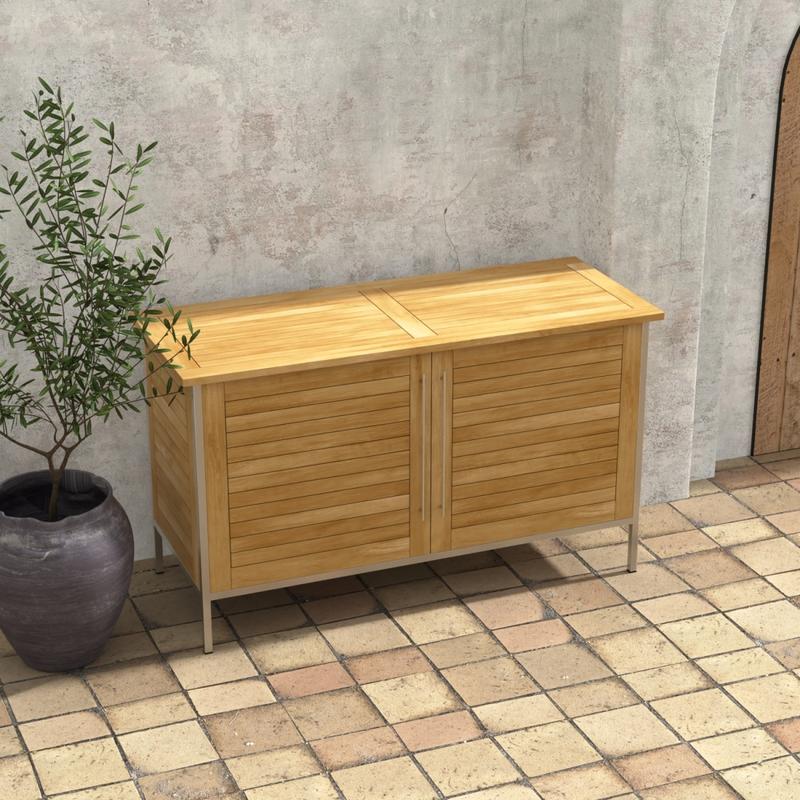 alt="28226 Vogue Teak and Stainless Steel Beverage Console aerial angled view next to a potted plant on tiled outdoor patio with a house and door in the background"