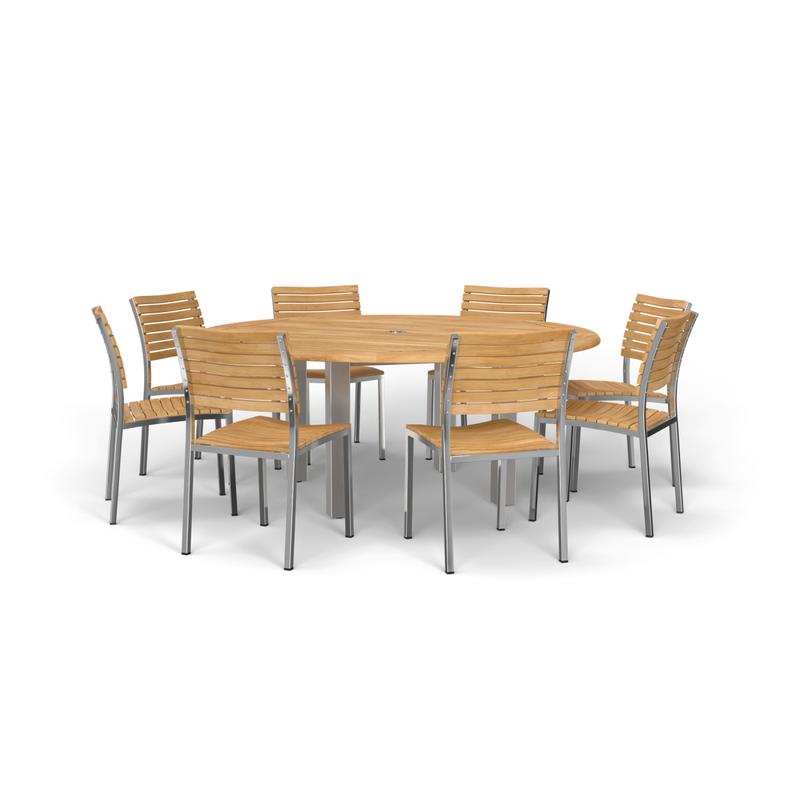 alt="70444 Vogue Teak Dining Set for 8 of  Vogue 6 ft Round Table and 8 Vogue Side Chairs in angled side view on white background"
