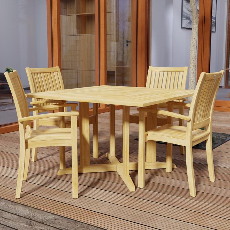 alt="70685 Sussex Pyramid 5 pc Dining Set of Pyramid Square Dining Table and 4 Sussex Armchairs in corner view on wood deck with door to house in background "