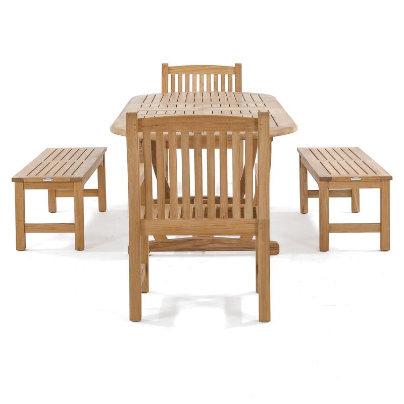 alt="70446 Montserrat 5 piece Picnic Set of 2 Veranda armchairs and 2 Veranda backless benches and Montserrat oval teak extendable table end view on white background"