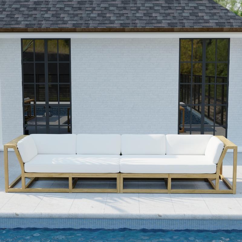alt="70278  Maya Grand Sofa Set of Maya Left and Right Side Sectional in front view on a patio facing a pool and a house with 2 windows in the background"