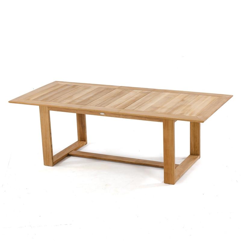 alt="15900 Horizon teak rectangular dining table angled showing teak table top on white background"
