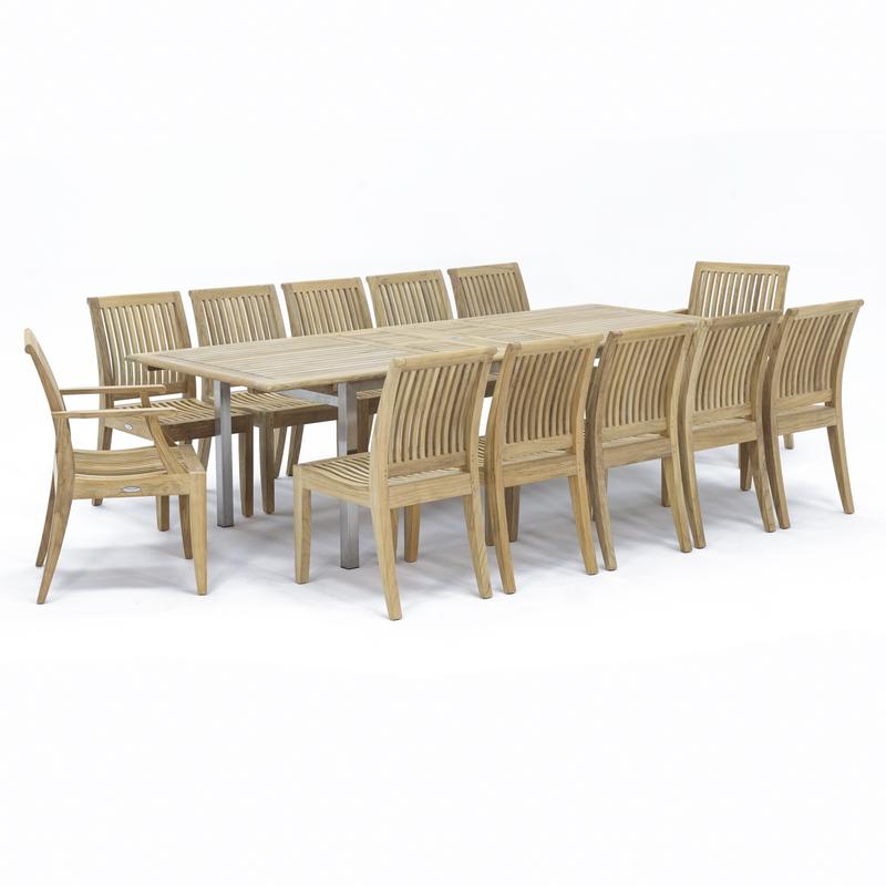 alt="70827 Grand Vogue Laguna 13 pc Dining Set of Vogue Grand Extending Rectangular Table and 10 Laguna Side Chairs and 2 Laguna Dining Chairs angled end view on white background"
