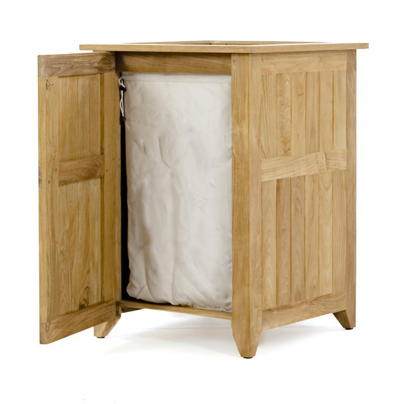 alt="18165hm Palazzo Roman Numeral One teak Hamper open door on white background"