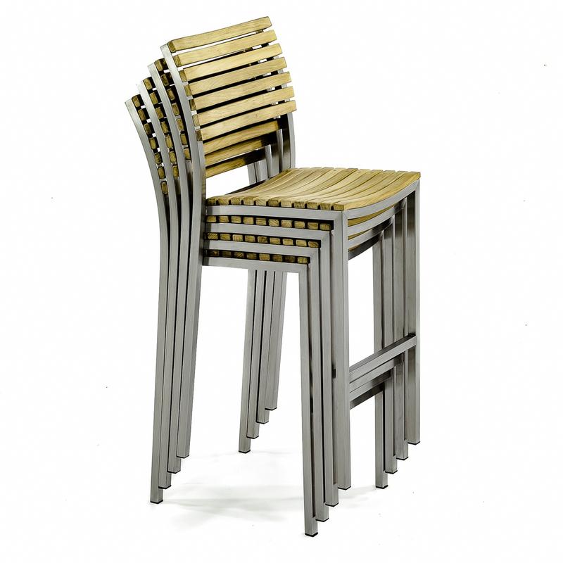 alt="21510 Vogue Teak and Stainless Steel Bar Stool stacked 4 high side view on a white background"