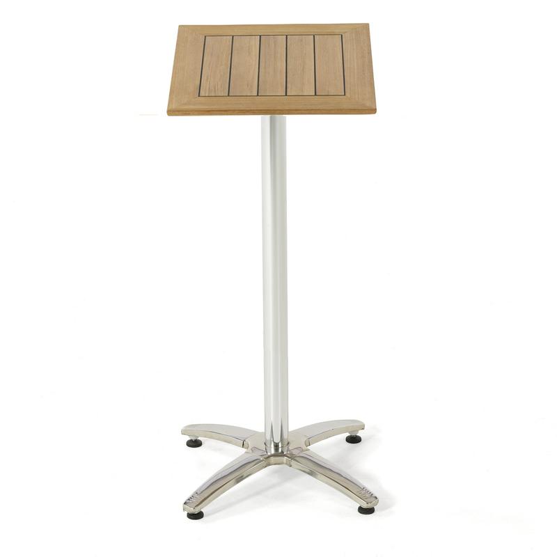 alt="70673 Vogue teak and stainless steel High Bar 24 inch square Table angled side view on white background"