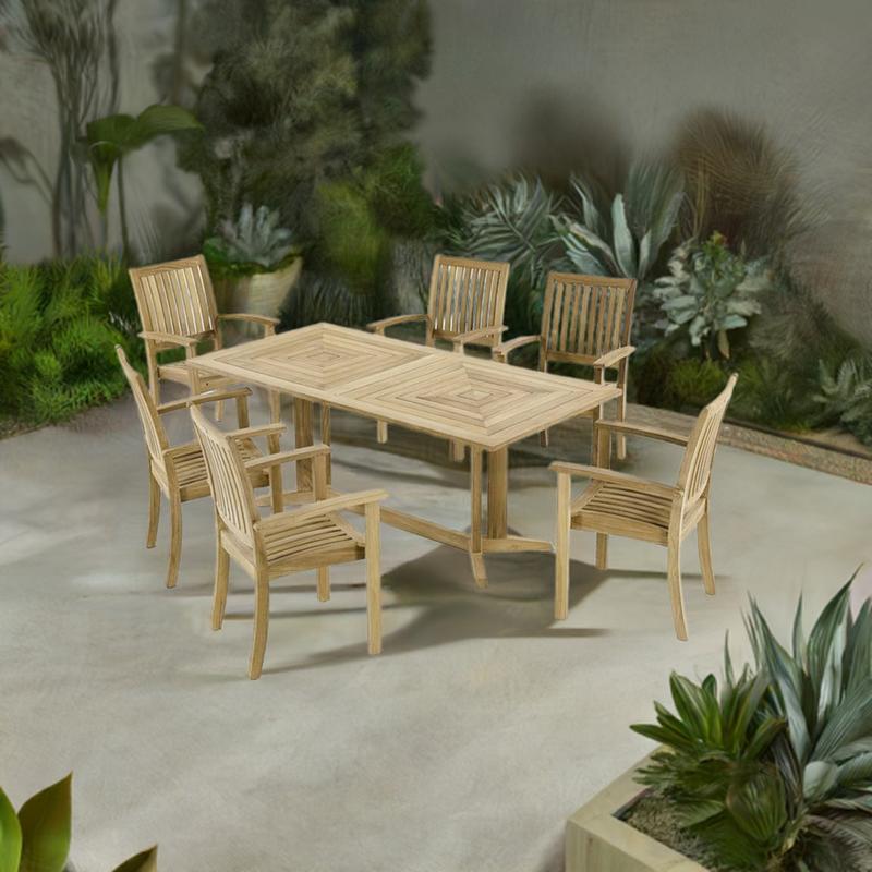 alt="70517 Sussex Pyramid teak 7 pc Dining Set of Pyramid Rectangular Table and 6 Sussex Stacking Chairs angled aerial view on patio surrounded by landscaping plants in background"