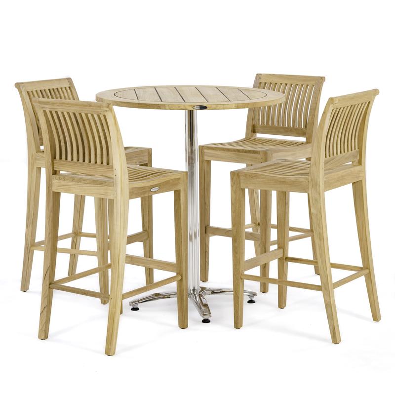 alt="70814 Vogue Laguna 5 piece 36 inch Round Stainless Steel and Teak High Bar Set side view of 4 Laguna Bar Stools and 36 inch Round High Bar Table on white background"