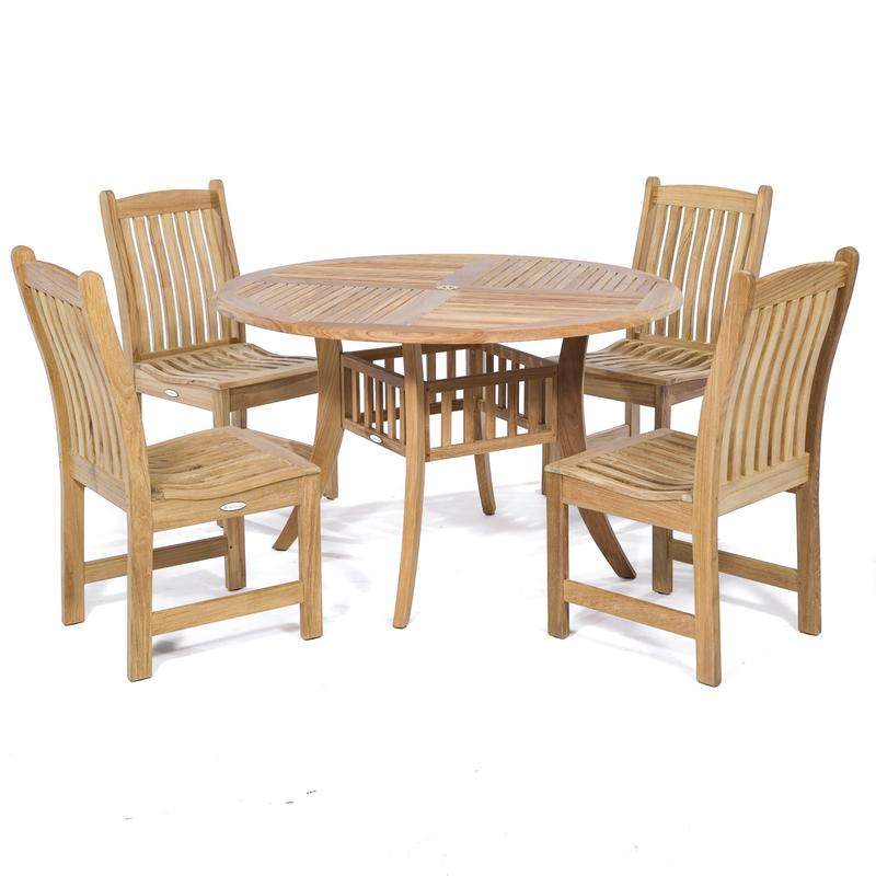 alt="70040 Veranda Hyatt 5 piece teak Dining Set of 48 inch round table and 4 side chairs angled on white background"