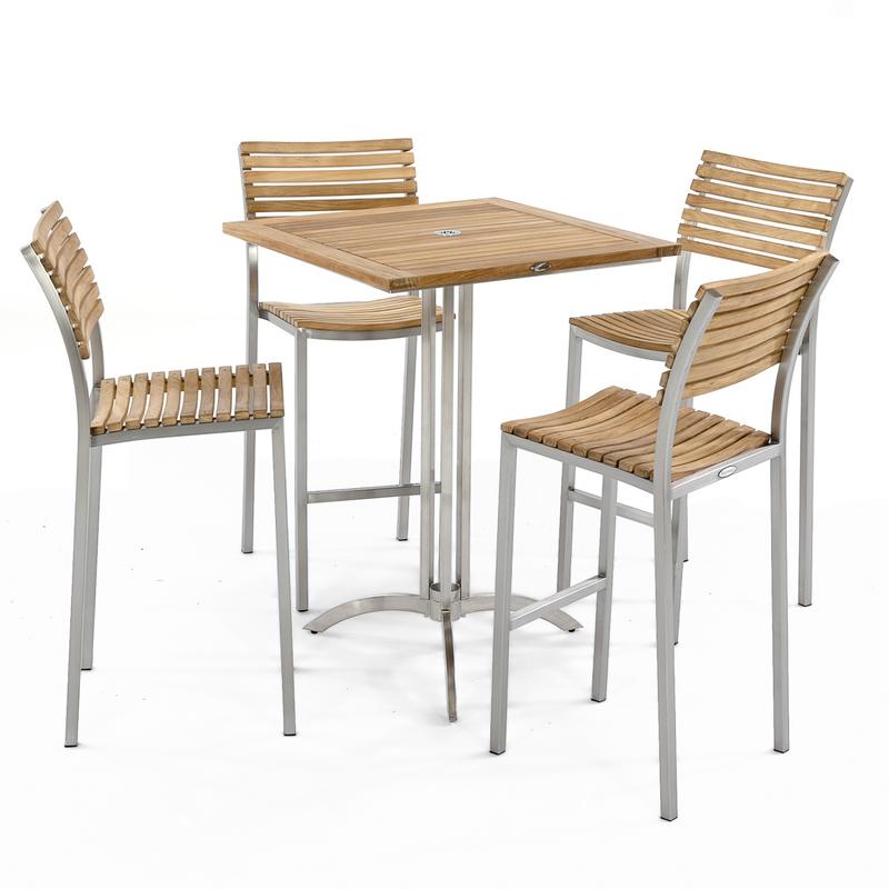 alt="25313 Vogue Square 30 inch square bar table with 4 teak and stainless steel end barstools set around table on white background"