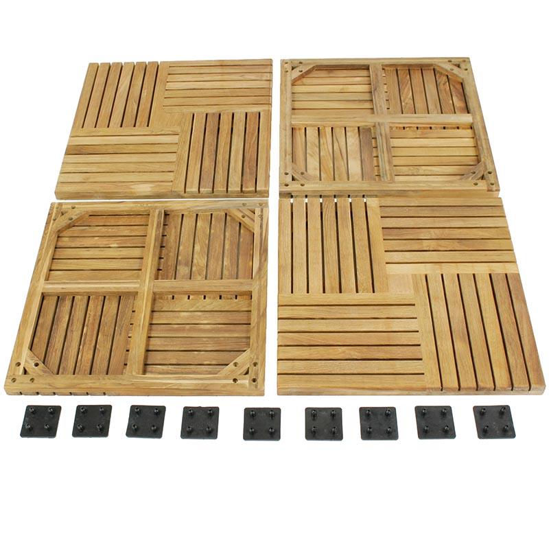 alt="70406 Parquet 10 pack Teak 18 inch Deck Tiles showing one carton of four tiles with top and bottom views and nine connectors lined across bottom of display"