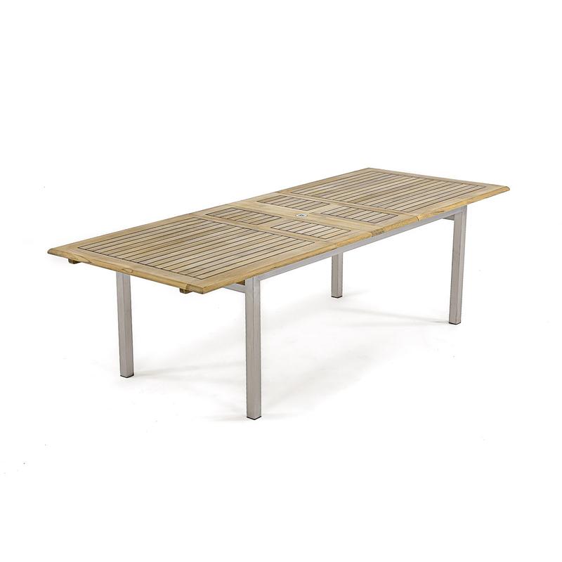 alt="25025 Vogue Teak and Stainless Steel102 inch Rectangular Extension Dining Table in angled end view on white background"