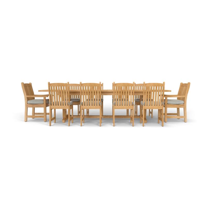 alt="70791 Veranda 11 pc teak Dining  Set of  Grand Veranda Rectangular Extension Dining Table and 8 Veranda Side Chairs and 2 Armchairs with optonal cushions in side profile view on white background"