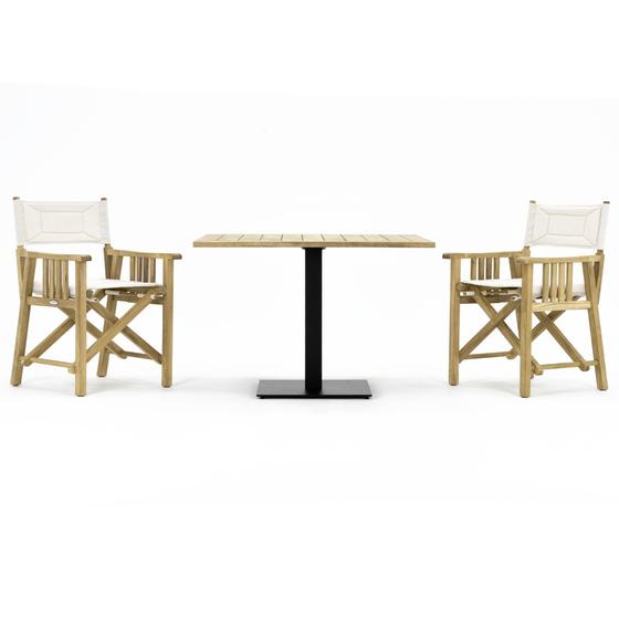70199 Barbuda 3 pc Teak Bistro Director Set of Teak 42 inch Square Table and 2 Barbuda Director Chairs in white textilene side view on white background 