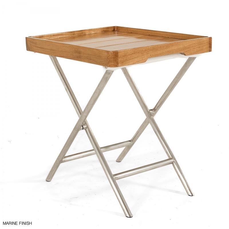 alt="28815F Odyssey Folding Ottoman opened with teak serving tray in Marine finish sitting on top of ottoman angled on white background"
