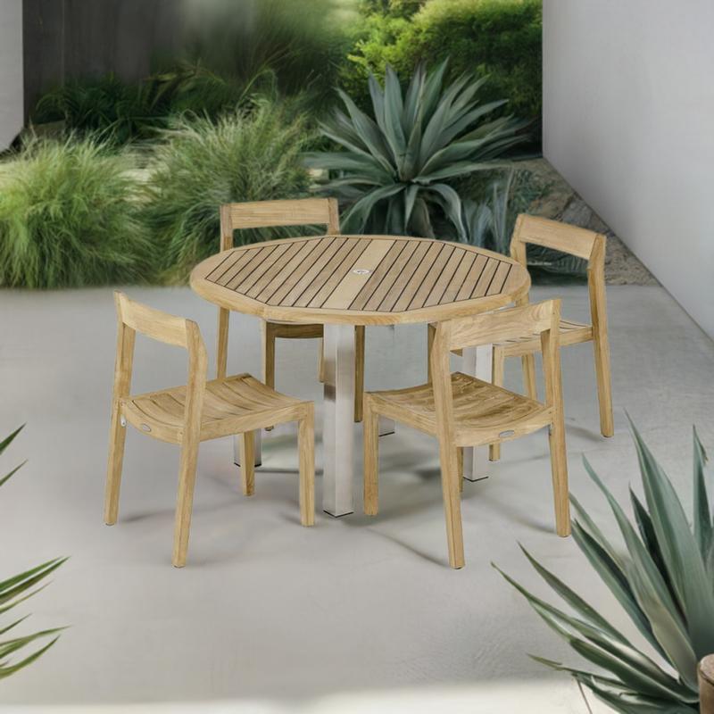 alt="70738 Vogue Horizon 5 piece teak and stainless steel 5 piece Dining Set of 4 teak chairs and a teak and stainless steel 48 inch round dining table aerial view on patio surrounded by plants"