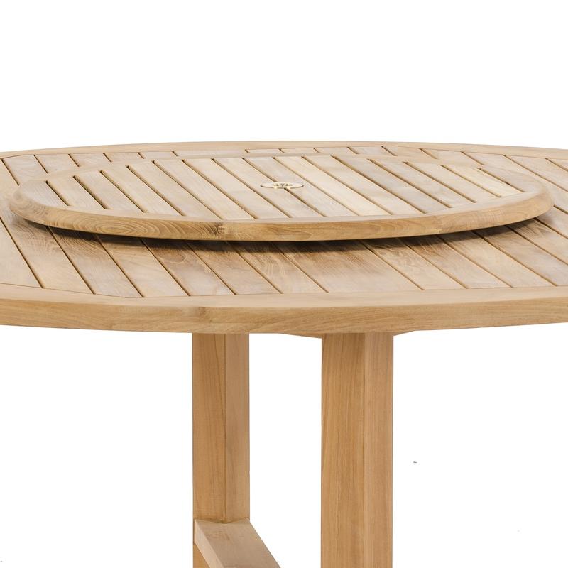alt="18705 round 32 inch teak lazy susan on teak table side view on white background"