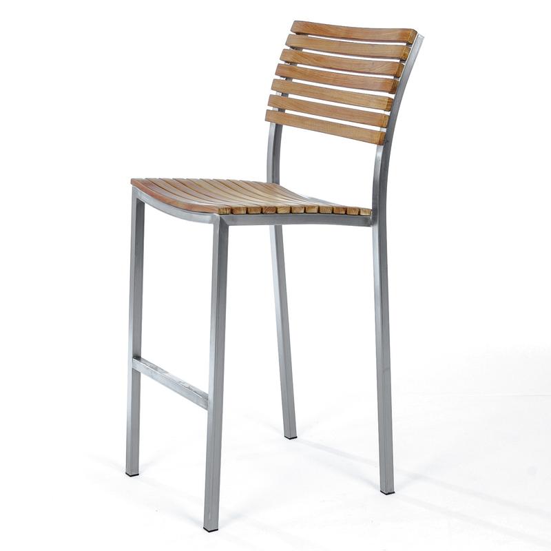 alt="70687 Vogue teak and stainless steel barstool left side angled on white background"