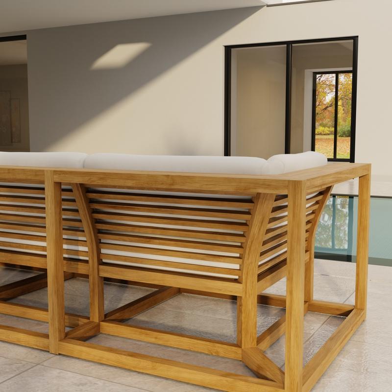 alt="70277 Maya Deep Seating Sofa showing closeup of Maya Right Side Sofa Sectional in back view on patio facing pool and glass door of house in background"