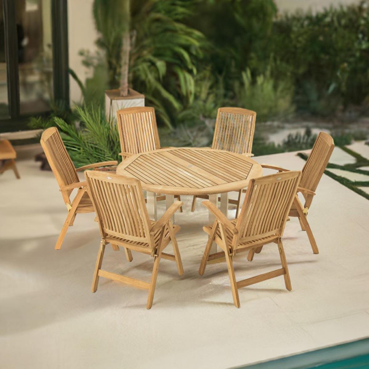 70480 Vogue Reclining Dining Set for 6 on a pool deck angled aerial view next to a pool and windows with landscaping trees and shrubs in the background