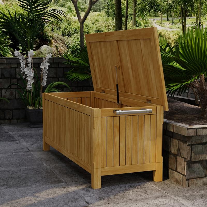 alt="18203 somerset rectangular storage box in angled side view with open lid on deck with landscape plants in background"