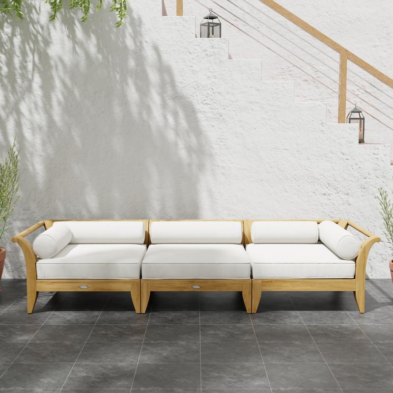 alt="70102 Aman Dais 3 pc Sofa Set of 2 Aman Dais Corner Sectional and End Sectional in front view against a staircase of house with lanterns on steps next to a potted plant"